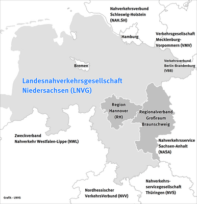 Karte mit Darstellung der regionalen Abgrenzung der Aufgabentr&auml;ger in Niedersachsen und angrenzender L&auml;nder